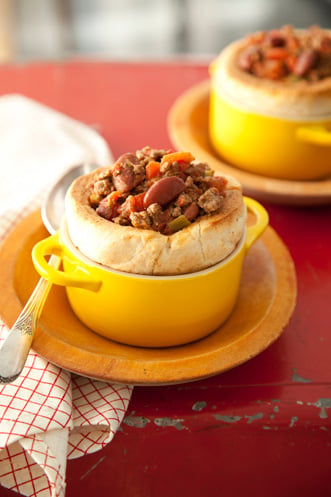 Chili in a Biscuit Bowl Topped with