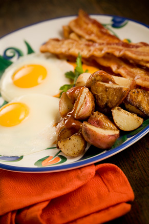 Eggs, Bacon and Skillet Fried Potatoes Drizzled with Spicy Steak Sauce Recipe
